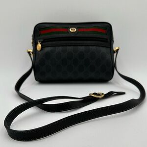 Vintage Gucci GG Monogram Black Crossbody Bag with Web Stripe & Gold Hardware